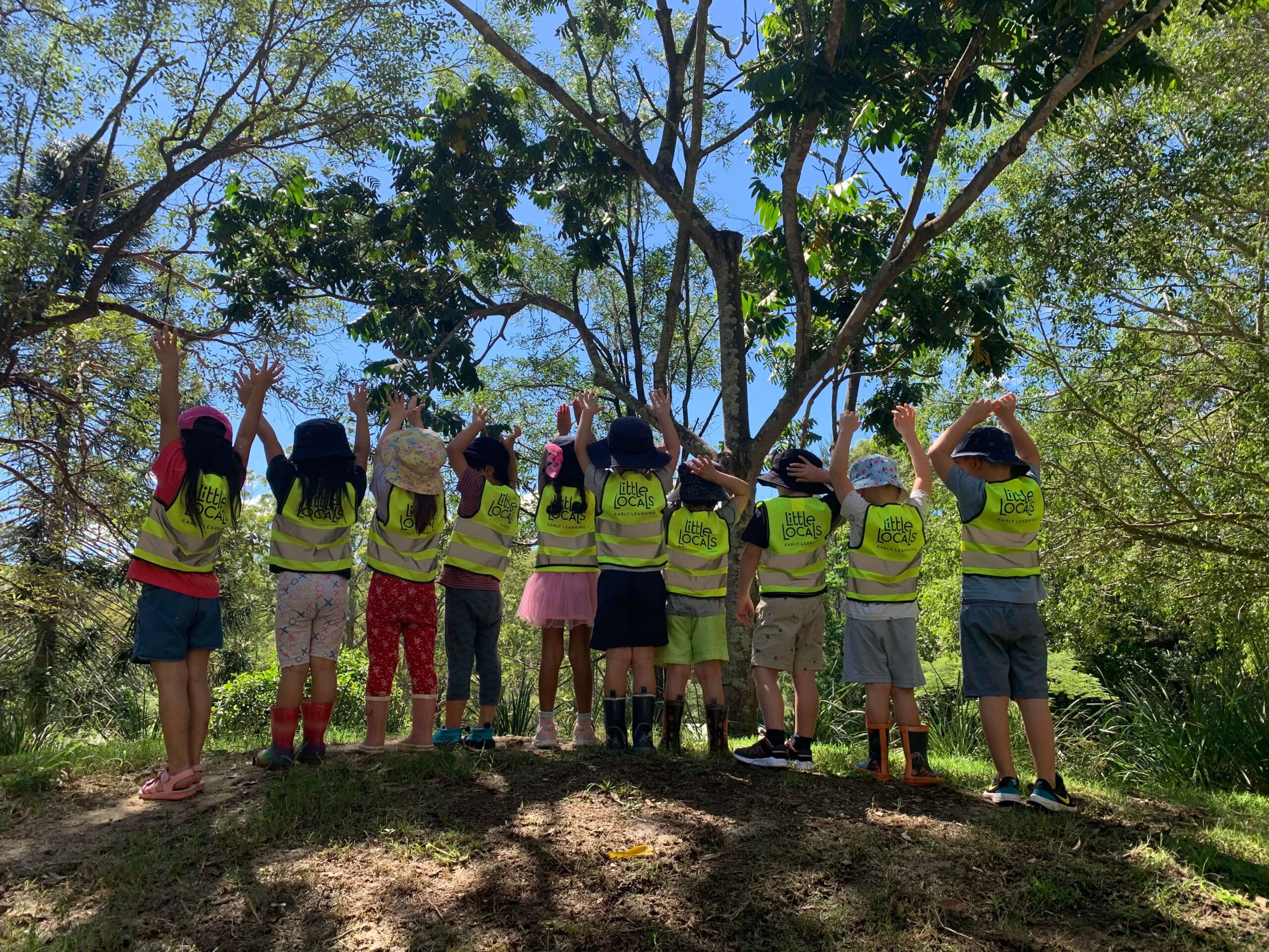 A group of children wearing Little Locals’ Early Learning high-vis vests stand facing away from the camera and raising their hands for a group photo during a Bush Kindy excursion at the long daycare centre.