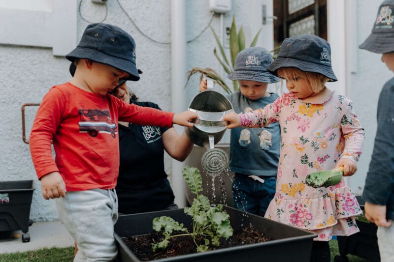 Children from Little Locals Early Learning Centres watering a plant.